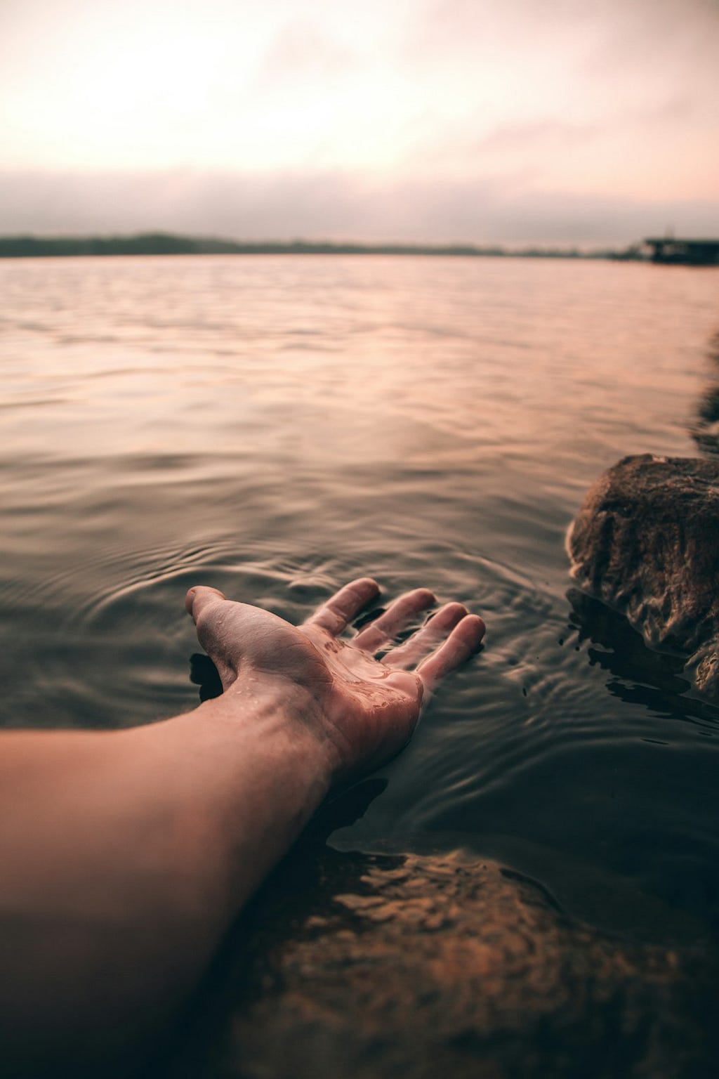 A person submerging their hand in water.