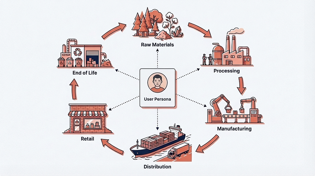 Illustration of a user persona card at the centre, surrounded by a circular flow showing six stages of a product lifecycle connected by arrows. Clockwise from top: Raw Materials (forests, cotton, minerals), Processing (factory with smokestacks and workers), Manufacturing (robotic assembly line), Distribution (cargo ship and truck), Retail (shop front), and End of Life (recycling facility with bins). Dotted lines connect the persona to each stage, showing the user as one node in a larger system.