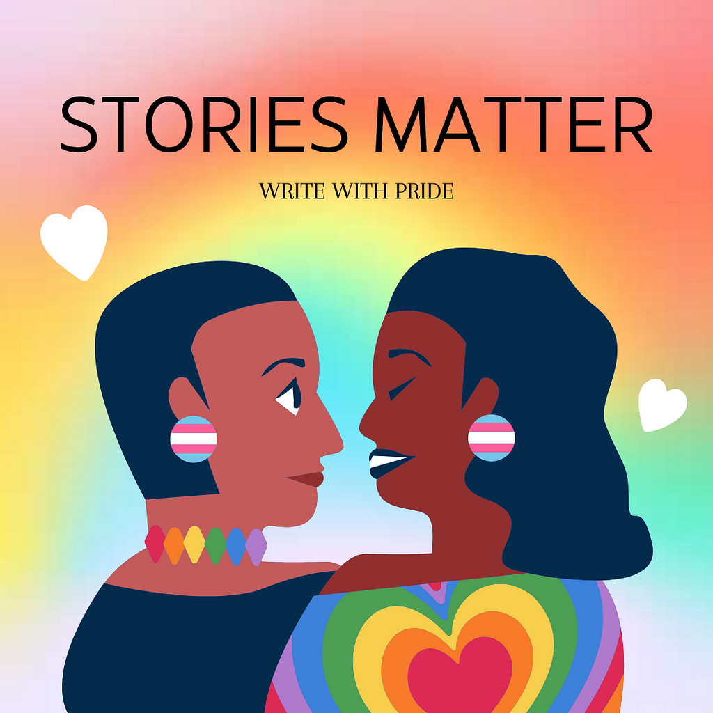 Stories Matter: Write with Pride — illustration of two women embracing