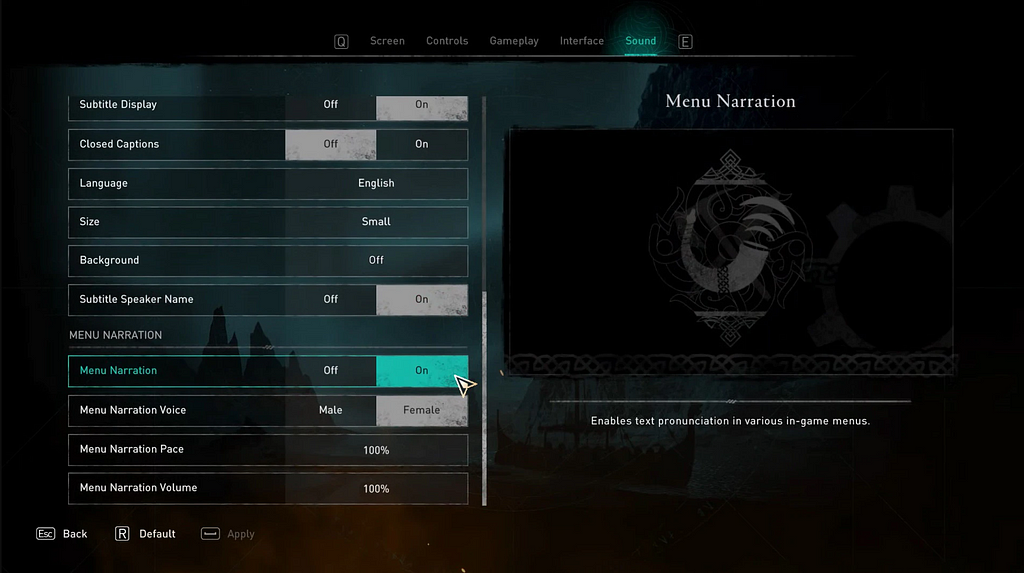 Options menu of the game Assassin’s Creed Valhalla, including menu narration.