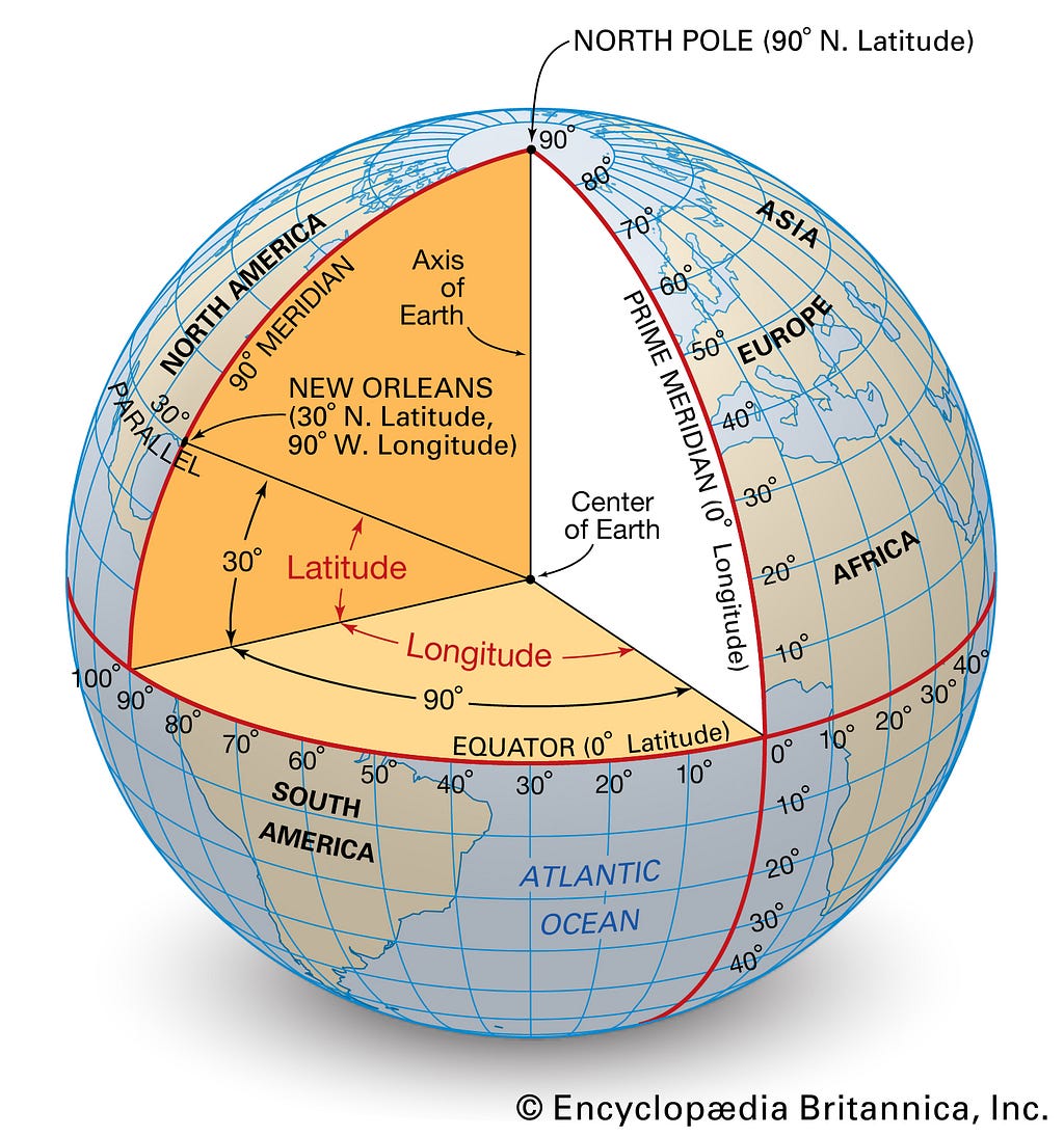 A globe of the earth showing latitude and longitude.