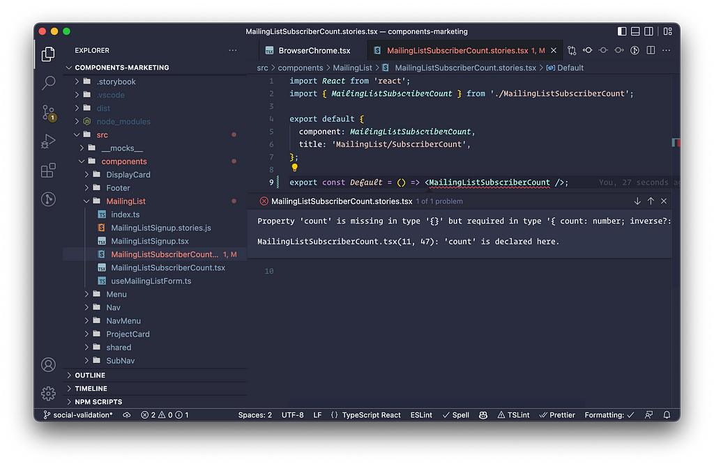 Screenshot of code editor showing a TypeScript error in a stories file