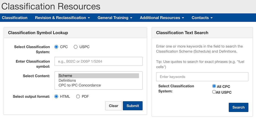 USPTO Classification Resource search interface