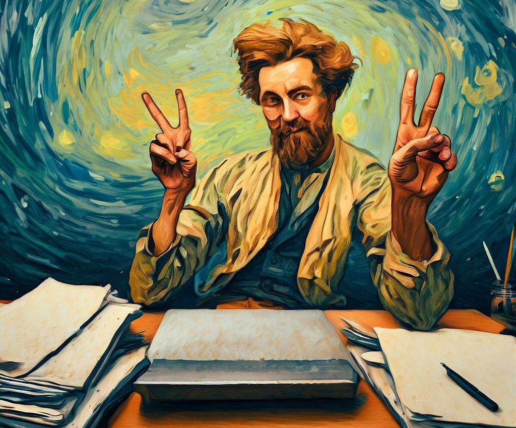 An AI-generated portrait of Vincent van Gogh sitting at a desk with a laptop and tidy stacks of paper. He is giving the peace gestures with both hands.