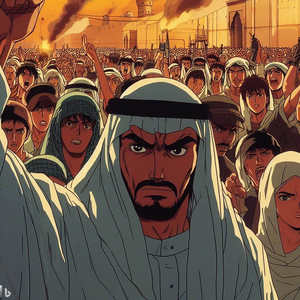 A crowd of Arab citizens rebelling and rioting against their king outside the palace