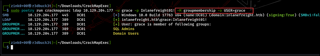 Figure 12 — shows the groupmembership module turns all groups that the user Grace is a member of. r3dbuck3t