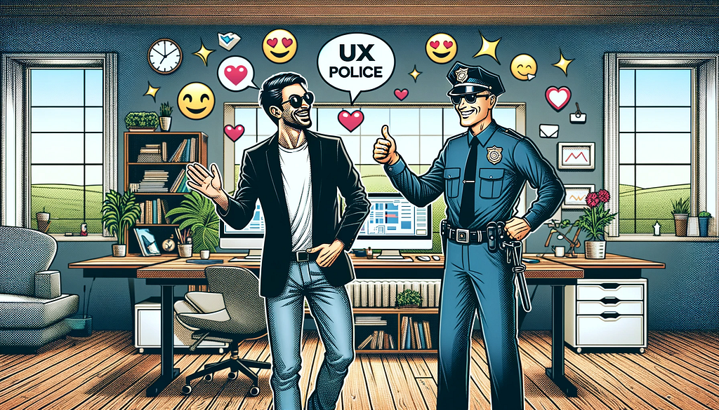 UX designer and the ‘UX Police’, surrounded by digital devices and positive emojis