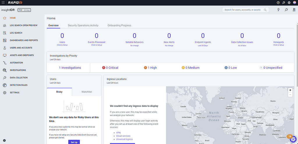 Graphic showing the dashboard/homepage of the InsightIDR platform.