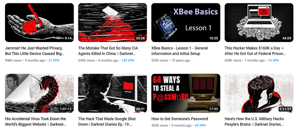 A screenshot of popular Darknet Diaries episodes on YouTubes with hundreds of thousands of views.