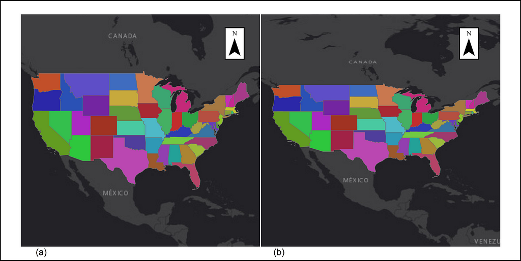 Two maps of the United States with two different projection systems.