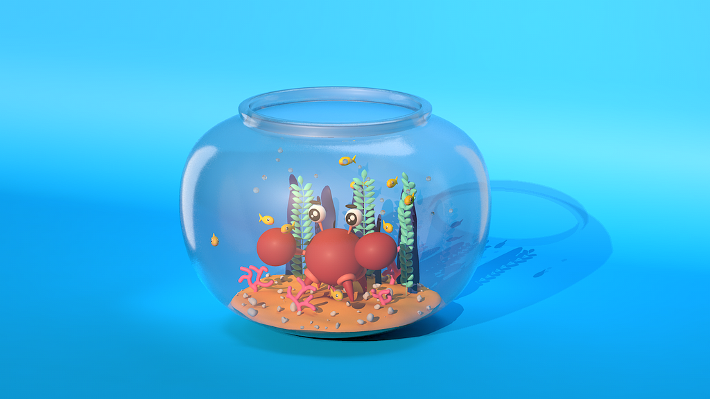 Image of a cartoon crab in a fish bowl with kelp, small fishes, sand, pebbles, etc. The image is the output of rendering a 3D model in Cinema 4D.