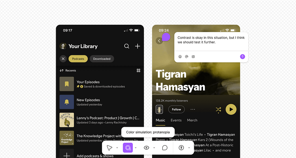 A view of two pages of the mobile Spotify app, shown in the color simulation: protanopia. A comment notes on a button “Contrast is okay in this situation, but I think we should test it further.”