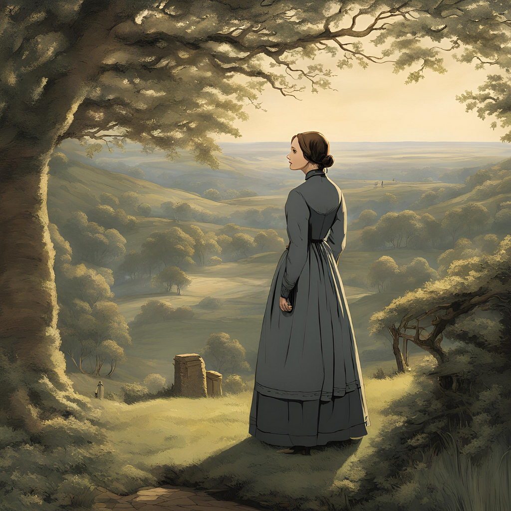 Image of Jane Eyre looking at serene meadows produced by Canva