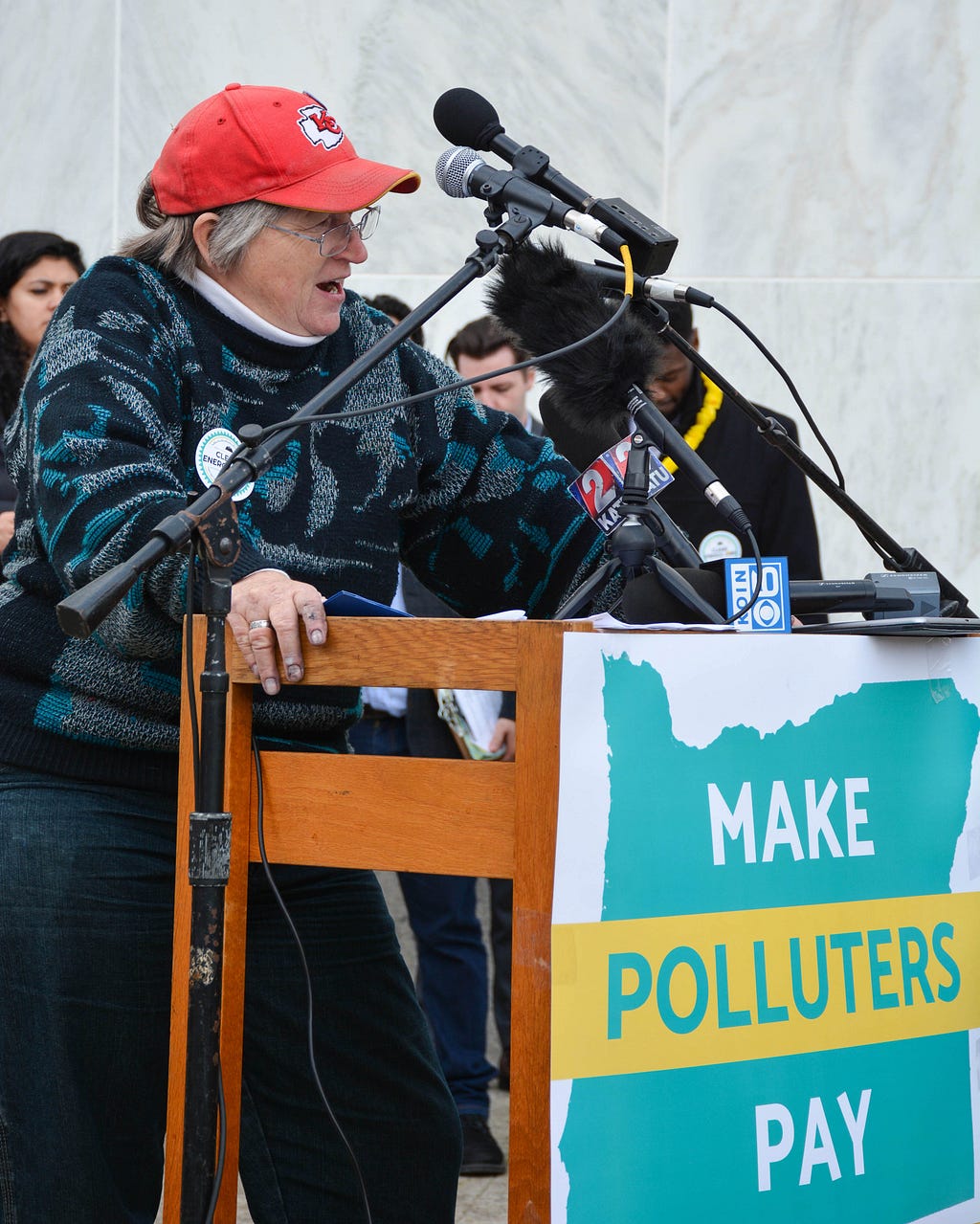 Photo of DPO Chair KC Hanson speaking at the Climate Rally in February 2020