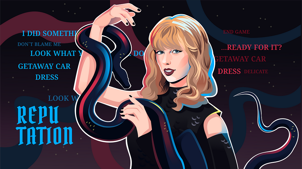 Taylor Swift reputation music album fan art digital illustration dark black blue red portrait snake song lyrics