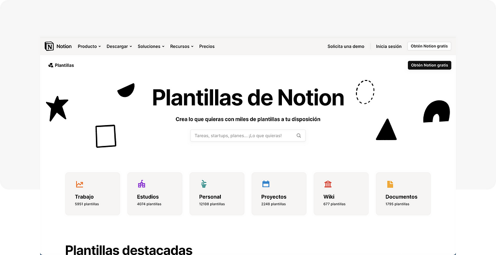 Notion’s template section where you can choose between categories.