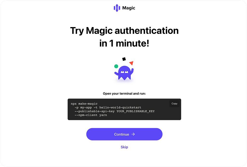 Product screenshot containing “npx make-magic” code block