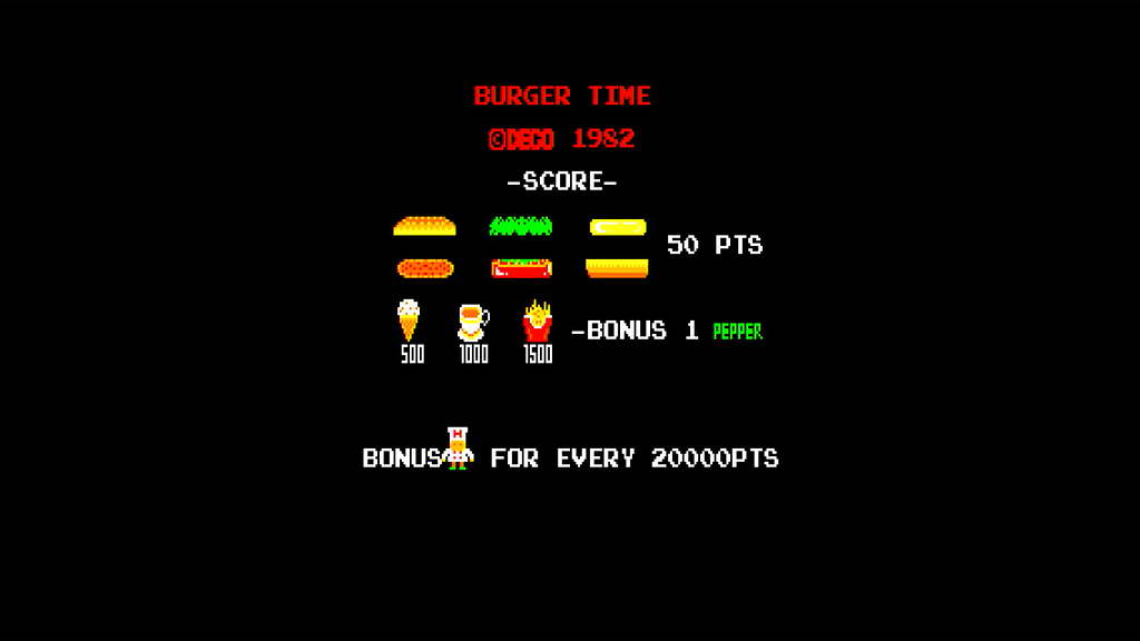 The BurgerTime rolling demo shows a screen depicting the score value of various items. Ice-cream is worth 500 points. Coffee is worth 1000 points. Fries are worth 1500 points. Each item also rewards 1 Pepper.