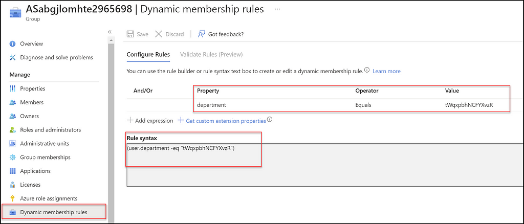 Figure 13 — shows the Rule syntax of a dynamic group. r3d-buck3t. azure, az, powershell