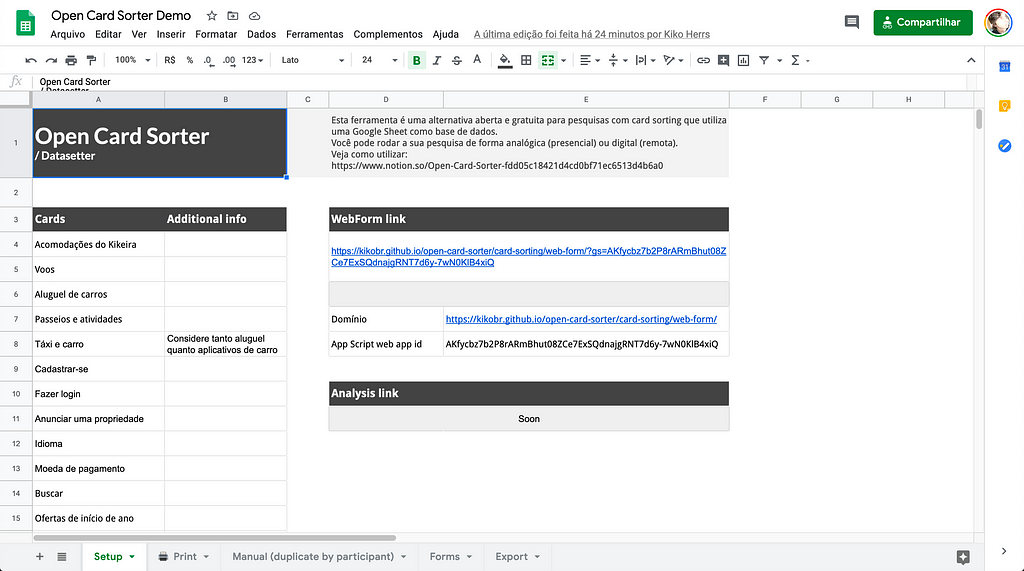 Screenshot da planilha Base de Dados no Google Sheets