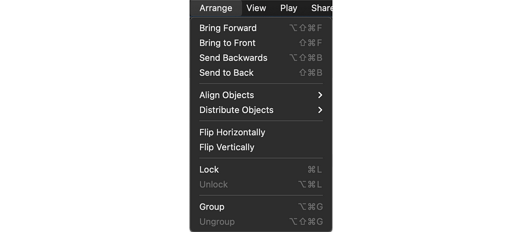 A screenshot of an Arrange menu from a MacOs app