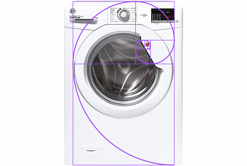 Washing machine with the Fibonacci spiral superimposed.