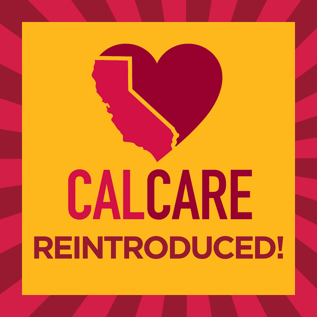 CalCare reintroduced graphic with red CalCare heart logo, orange background, red stripes at edge of square radiating from the center