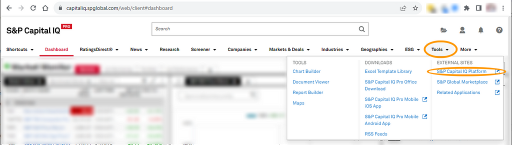 S&P Capital IQ Pro platform, return to legacy platform in the ‘Tools’ menu (you may have to click ‘More’ first).