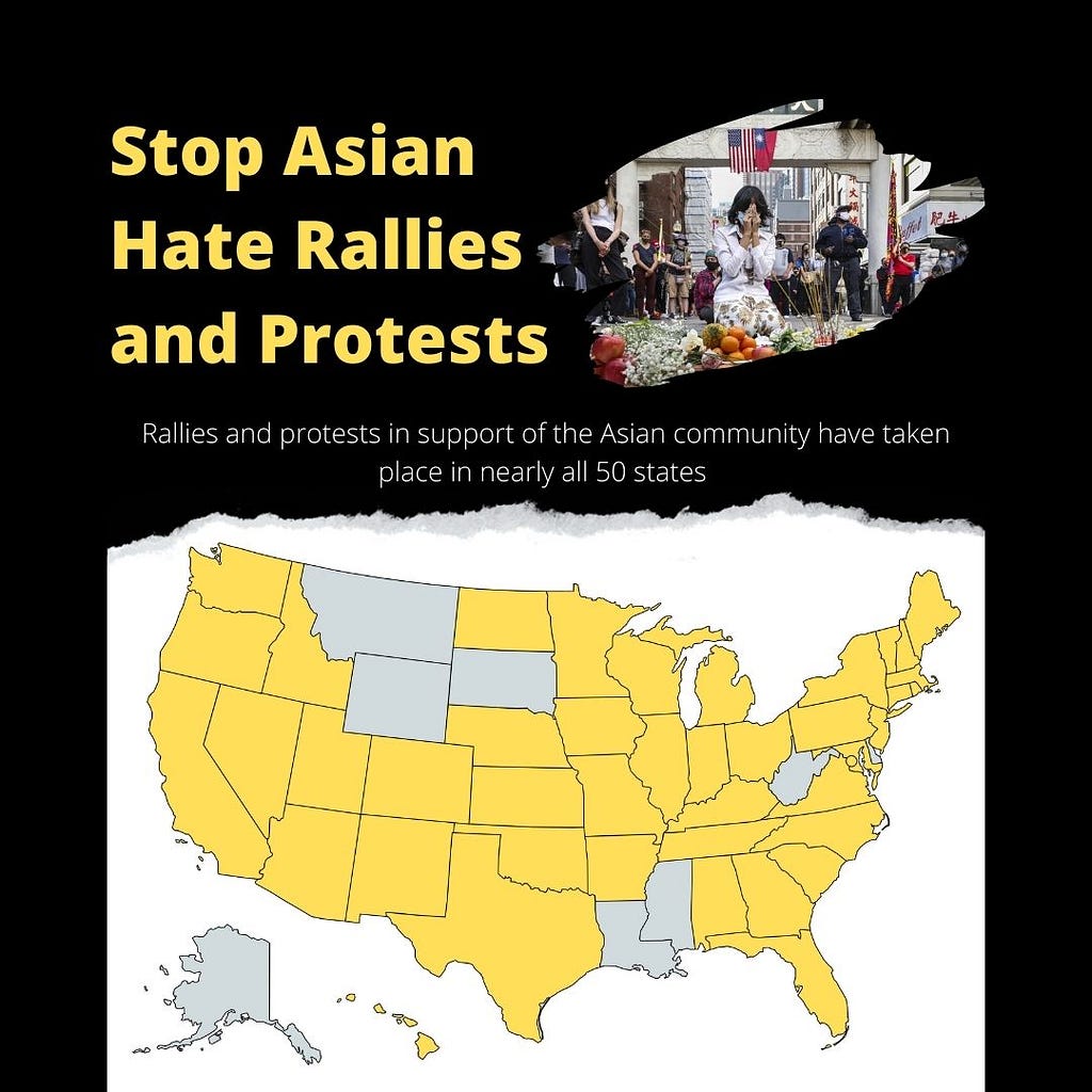 A graphic showing a map of “stop Asian hate” rallies and protests in nearly all 50 states. Text: “Stop Asian Hate Rallies and Protests, Rallies and protests in support of the Asian community have taken place in nearly all 50 states”