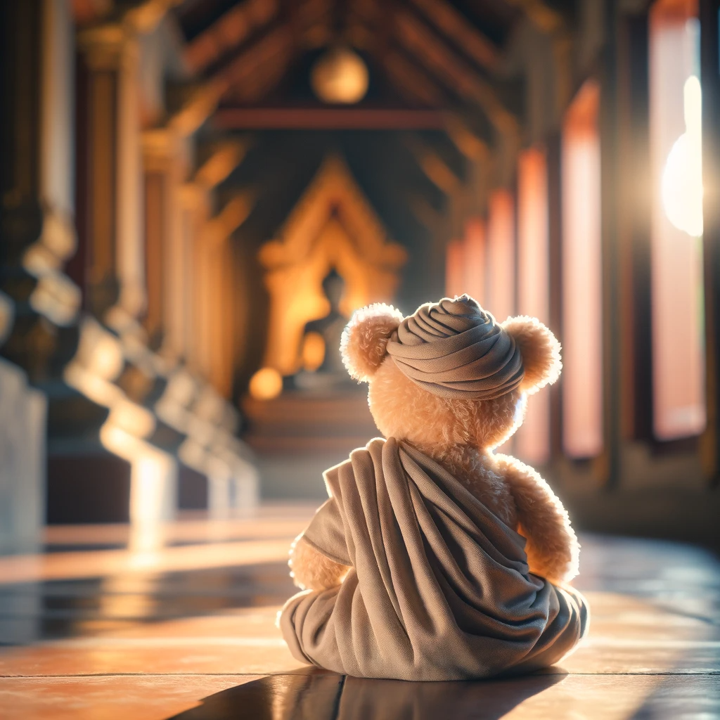 a bear dressed up as a monk practicing his flow state for mindfulness and productivity