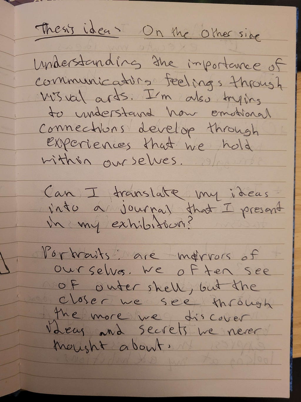 My initial ideas and the goal for my thesis work in my work journal book.