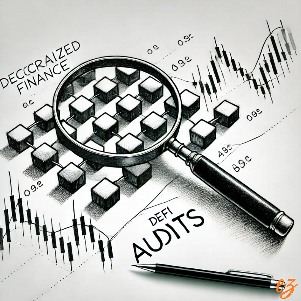 A black and white pencil sketch depicting a blockchain being examined by a magnifying glass, symbolizing decentralized finance (DeFi) audits.