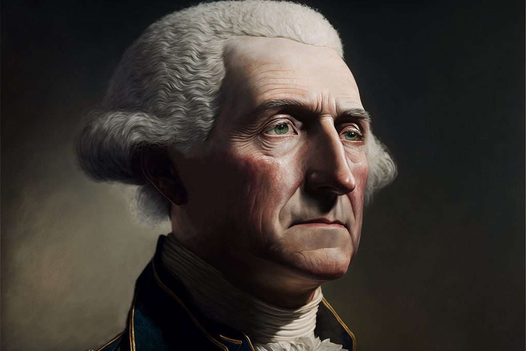 Photorealistic image of George Washington as rendered by Midjourney AI based on prompts from author