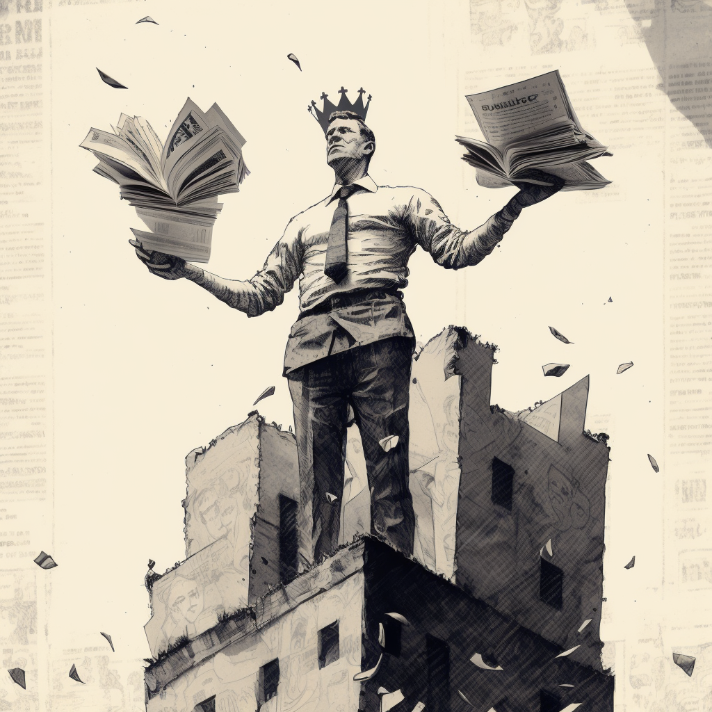 An AI generated illustration of a white, rich man in a crown holding newspapers, standing on a top of a tall building