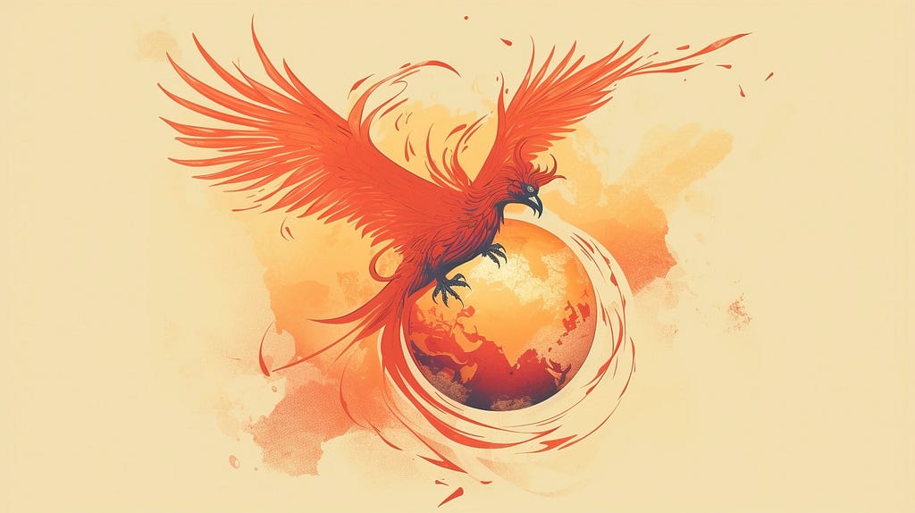 A Phoenix flying above a Globe