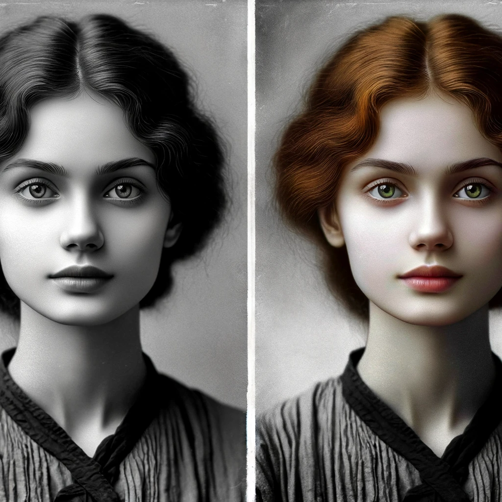 Portrait of young Anya in life, in black and white and colorized