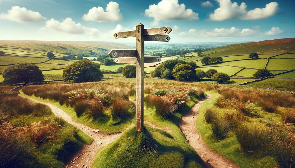 A crossroads in the countryside — the meeting place of four tracks. A signpost standing at the intersection with arrows pointing in different directions.