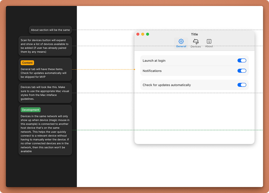 A user interface mockup for a Mac application’s settings window alongside developer annotations. The mockup shows a “General” tab with toggle switches for “Launch at login” and “Notifications”. Accompanying notes describe planned functionality for device scanning and network-based device discovery.