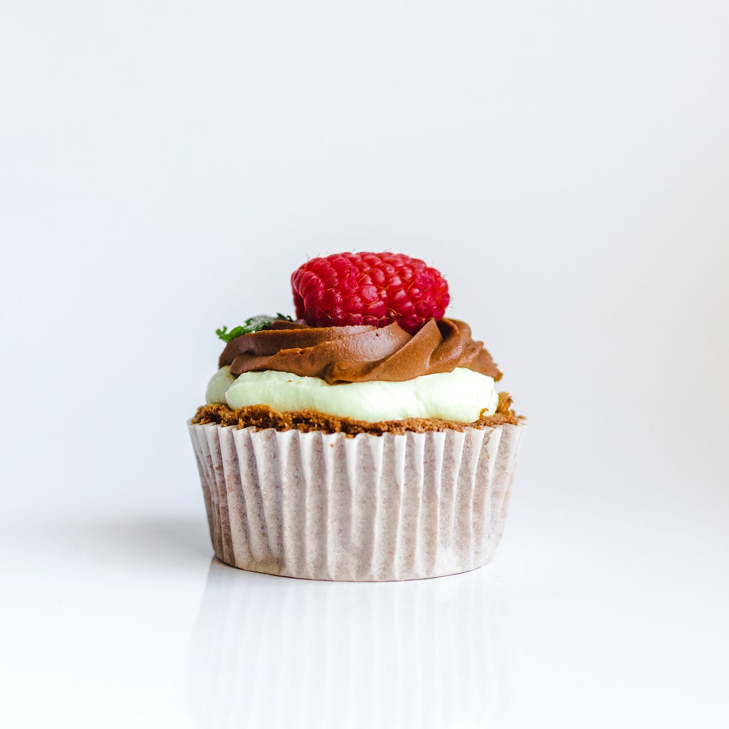 Cupcake with chocolate cream and strawberry fruit