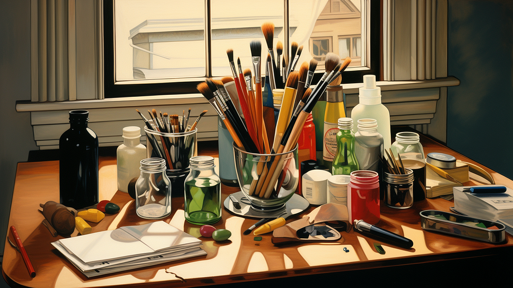 A photorealistic painting depicting an artist’s workspace with a variety of paintbrushes in a clear glass, alongside tubes of paint, pencils, jars, and bottles on a wooden table, in front of a window with drawn curtains