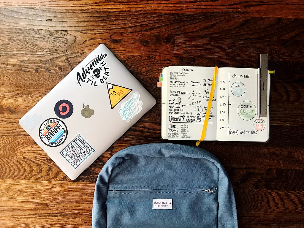 College student backpack, a notebook with writing, a ruler, and a laptop covered in stickers on a brown, wooden table.
