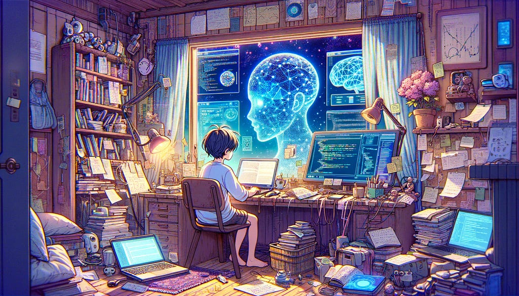 Imagine a scene where a human character, filled with determination and curiosity, is embarking on the journey of learning artificial intelligence skills. The setting is a cozy, yet futuristic study room with a large window showing a digital landscape symbolizing the vast world of AI outside. The character is seated at a desk cluttered with books, notes, and a laptop displaying code and AI algorithms. Above the desk, digital screens float, showing graphs and neural network diagrams. The style is