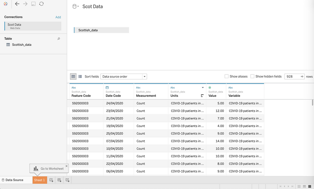 Screenshot of preview of COVID-19 data in Tableau