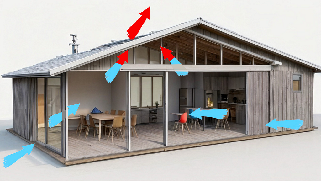 There are furniture in a building. Air flow diagram in the building.