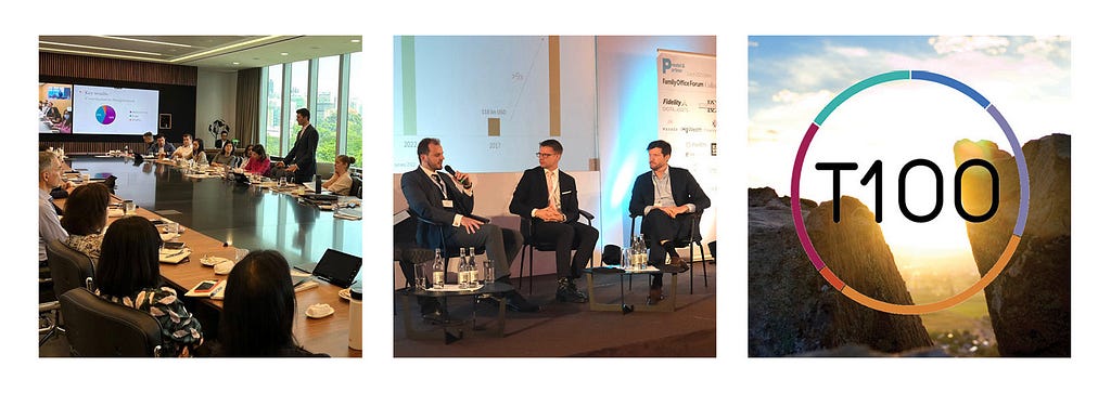 A photo of a CSP Training for Wealth Managers, Andrew speaking on a panel, and the latest T100 Report
