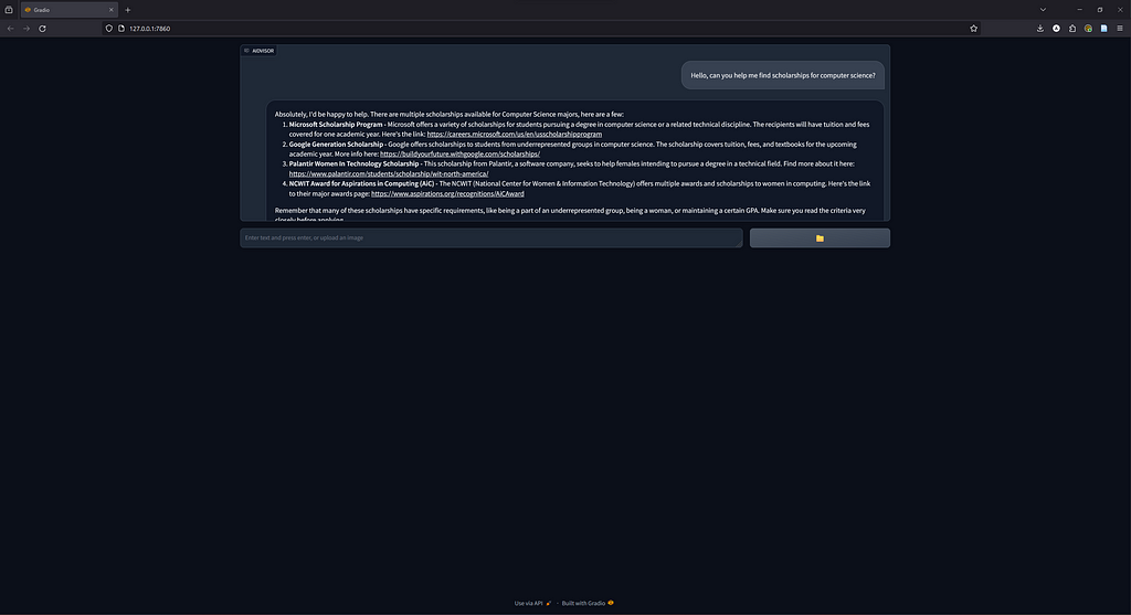 A screenshot of the Gradio prototype, demonstrating an example response from the API