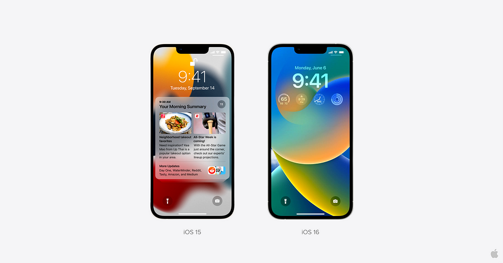 iOS 15 versus iOS 16 lockscreens