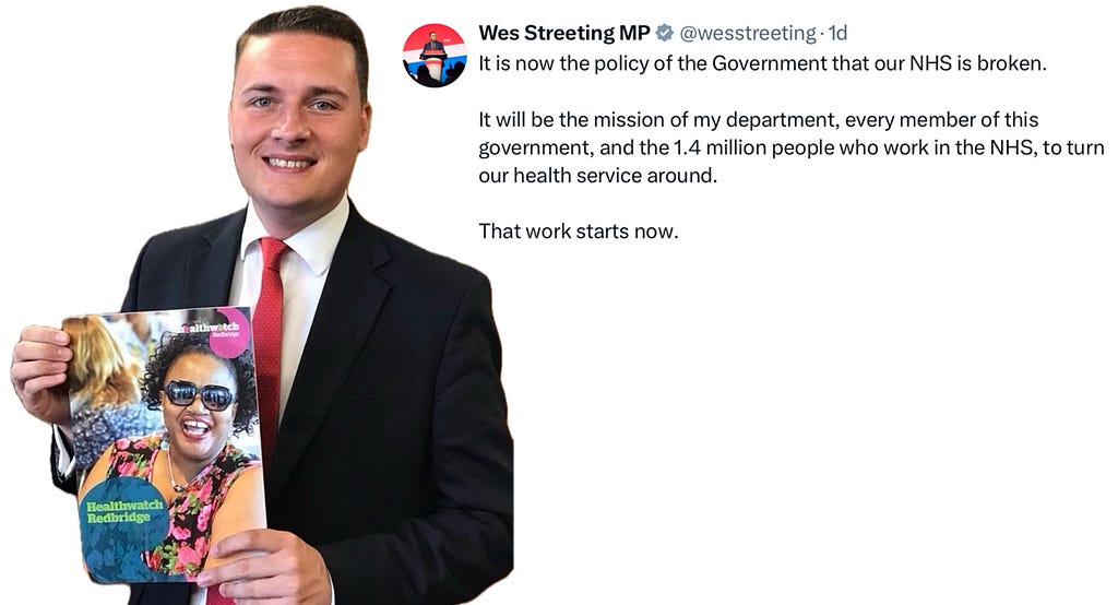 Wes Streeting MP holds a Healthwatch Redbridge annual report document. Next to the image is his tweet, which says: “It is now the policy of the Government that our NHS is broken. It will be the mission of my department, every member of this government, and the 1.4 million people who work in the NHS, to turn our health service around. That work starts now.”