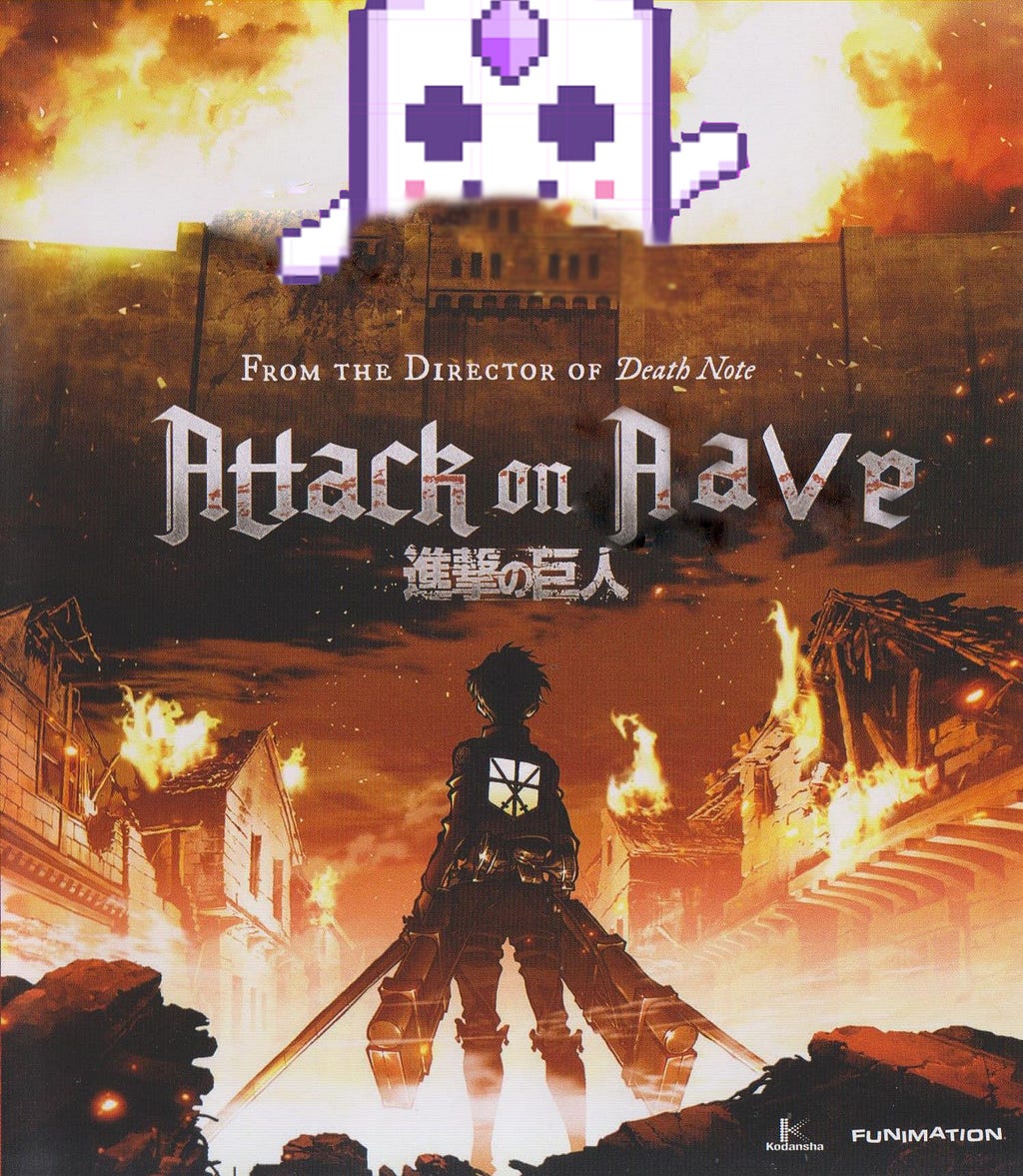 A mediocre photoshop of an Attack on Titan anime poster, except, well, the titan is an Aavegotchi… Yeah.