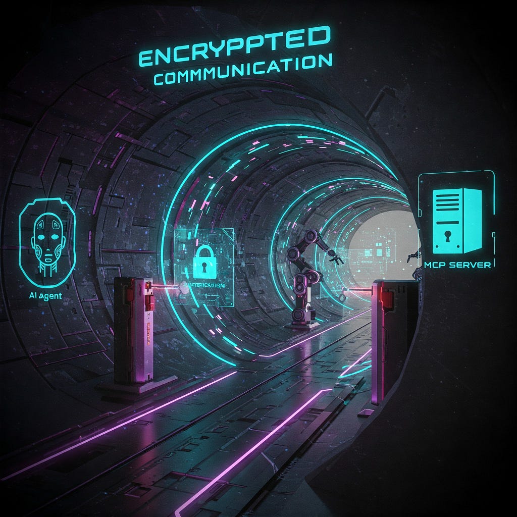Image depicting a secure communication tunnel between an AI agent and an MCP server with security checkpoints.